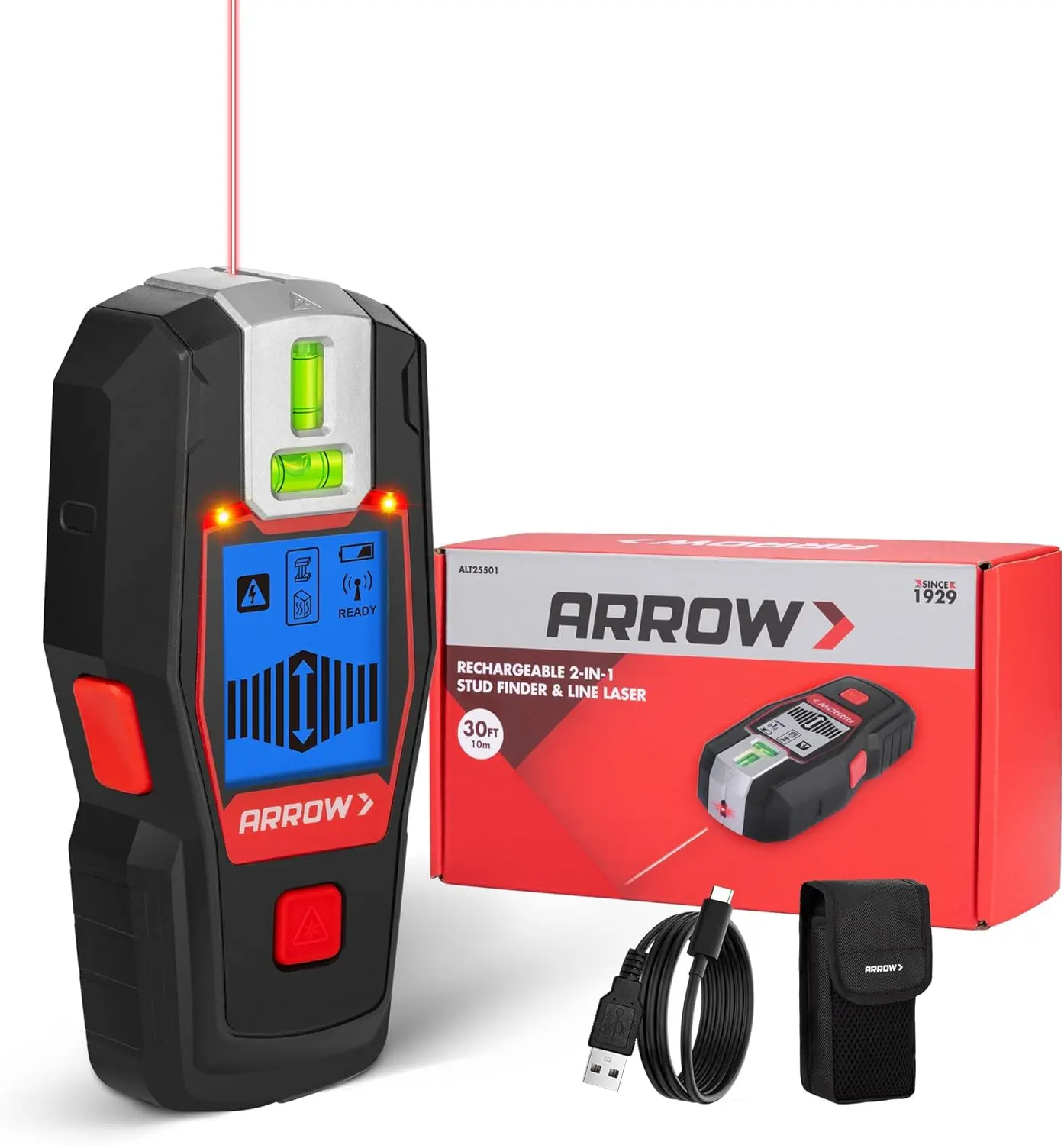 #backtoschool ARROW 2-in-1 Stud Finder with Laser Level, Rechargeable Wall Stud Scanner | Wood AC Wire Metal Detection, Vertical Laser Line, Frame Hanging, Picture Mounting, Joist Pipe Finder, Home Projects