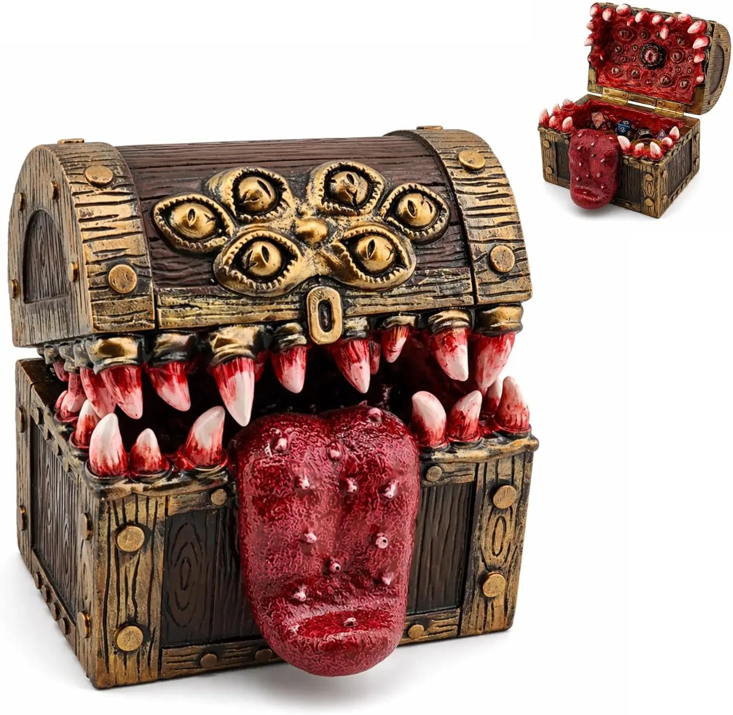 Mimic Treasure Chest Dice Box - Hand-Painted Fantasy Monster Treasure Chest with Teeth & Tongue, Resin Trinket Storage Box for Tabletop RPG, Gothic Room Decor & Gamer Gifts