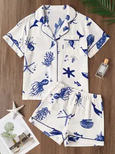 Luxurious Women's Ocean Animal Pajama Set, Short Sleeve Button Home Wear, Blue Whale Pattern, Soft Breathable, Perfect for Warm Weather