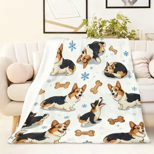 1PC Winter Warm Corgi Print Blanket Cartoon Dog Pattern Thick Flannel Throw Soft Cozy Plush Bedspread for Bedroom Sofa Decorative Cover Christmas Gift Machine Washable Multiple Sizes Available
