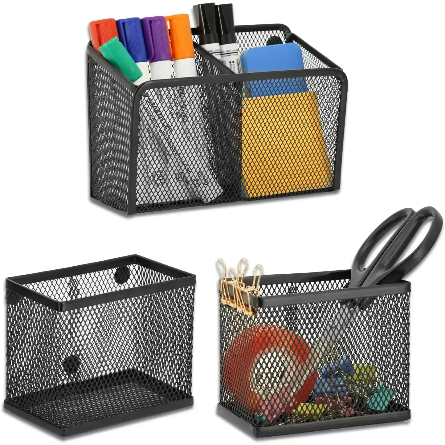 Locker Shelf Organizer, Magnetic Pencil Holder, Metal Storage Basket for Whiteboard, Refrigerator, Ideal Cabinet for School, Black (Pack 3L)