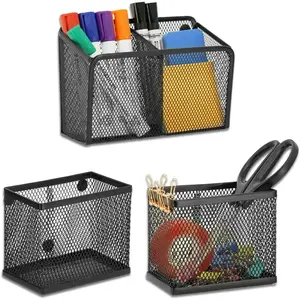 Locker Shelf Organizer, Magnetic Pencil Holder, Metal Storage Basket for Whiteboard, Refrigerator, Ideal Cabinet for School, Black (Pack 3L)