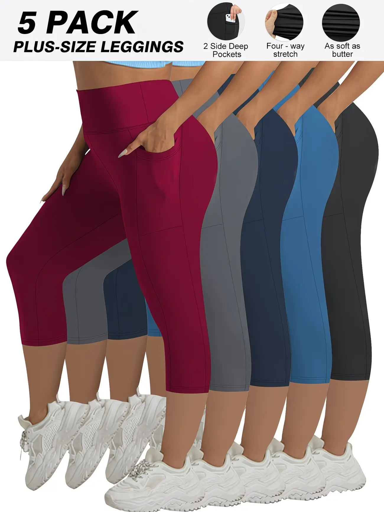 Plus Size Capri Leggings, High Waisted 4-Way Stretch Female Knit Athletic Pants with Tummy Control and Pockets, Active Pants, Fitness Training Pants