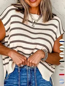 Women's Striped Print Crew Neck Sweater Pullover, Casual Jumper for Summer, Fashion Knitwear Daily Wear, Women Short Sleeve Tops, Oversized Knit Womenswear, Cami Top, Everyday, Vacation Ready, Blouse Design
