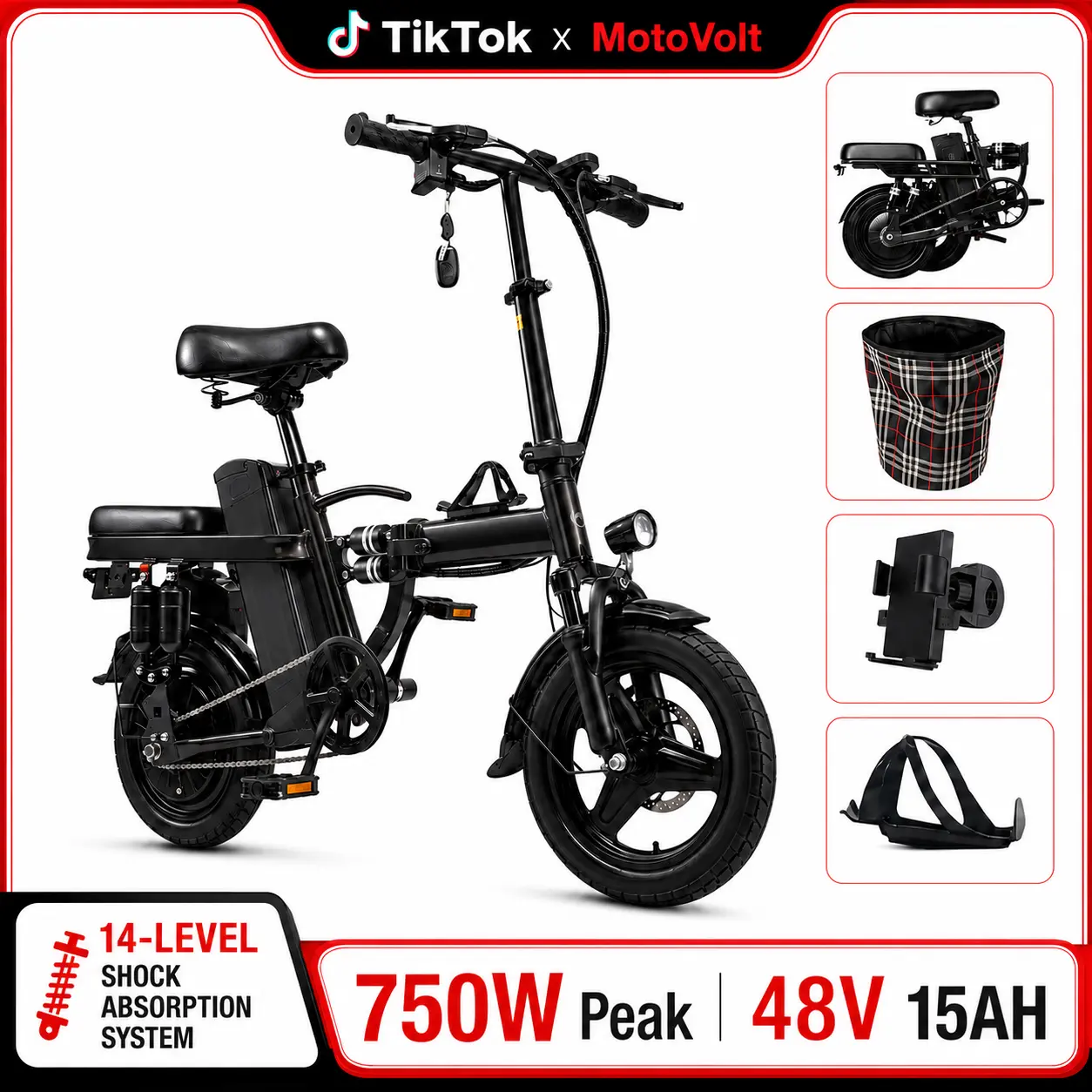Adult Folding Electric Bike, 750W Ebike with 48V 15Ah Battery, 20+ MPH Commuter E-Bicycle, 20-30 Mi Range, 14-Level Shock Absorption, UL 2849 Certified Portable Cycling Equipment bicicleta f12 Lights to Adult Electric Bike Terrain elecric youth quick Tire
