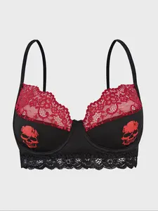 Women's Gothic Milk Silk Skull Bra Lingerie Underwear, Contrast Lace, Comfortable Breathable Fabric, Underwire Design, Adjustable Straps, All Seasons