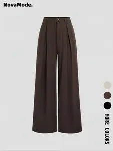 Women's Vintage Elegant Pleated Wide Leg Pants, Casual Chic Bottoms, Comfortable Fabric, All-Season Ideal Choice, Fashionable Design, High Waist