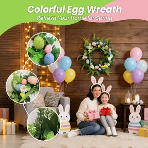 20 Inch Spring Easter Egg Wreath, Glitter Floral Door Hanging with Flowers and Green Leaves, 50cm Indoor Outdoor Home Decor