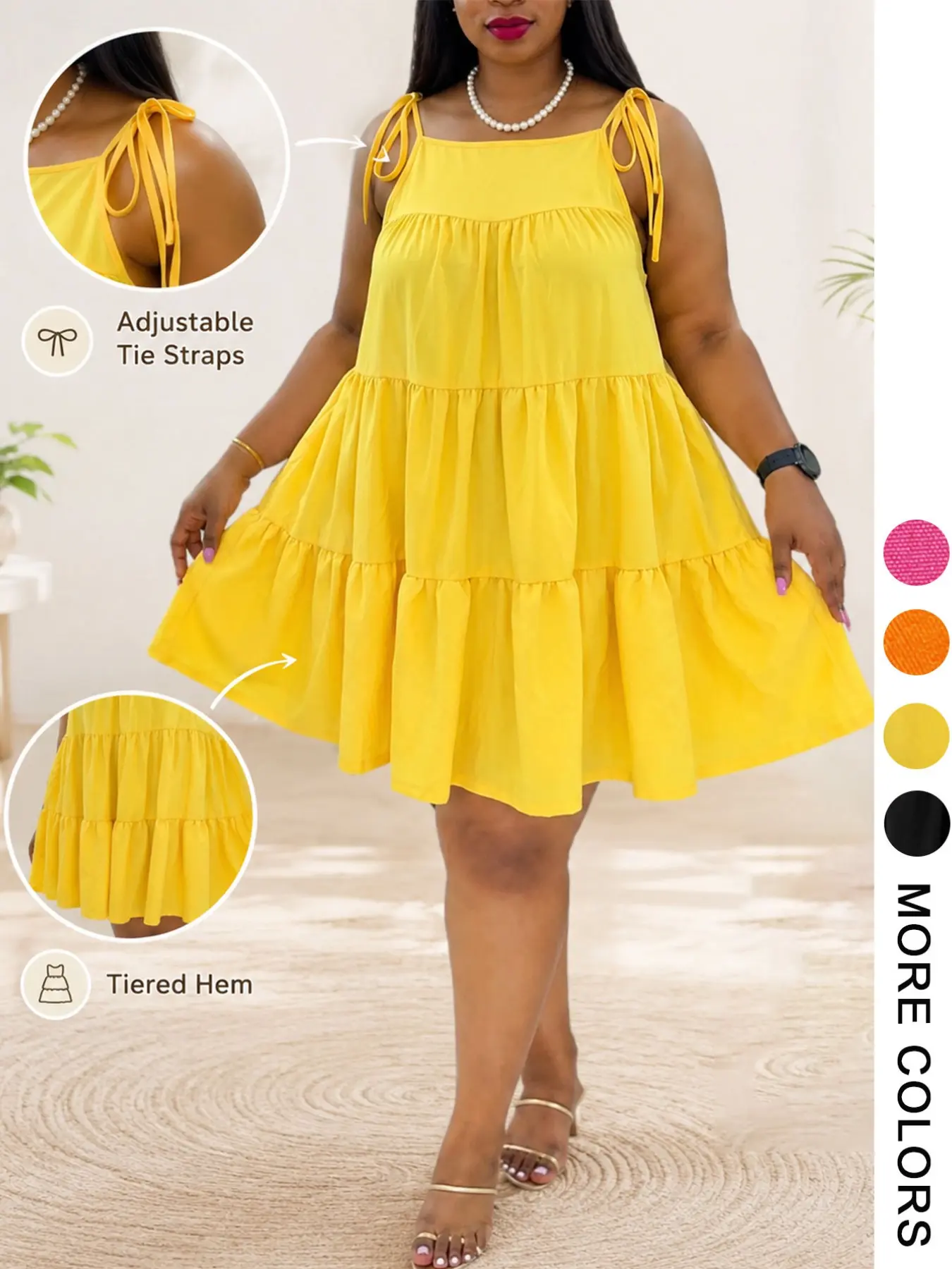 Plus Size Square Neck Tie-Strap Tiered Dress, Loose Casual Babydoll Sundress for Curvy Girls, Summer Vacation Dress