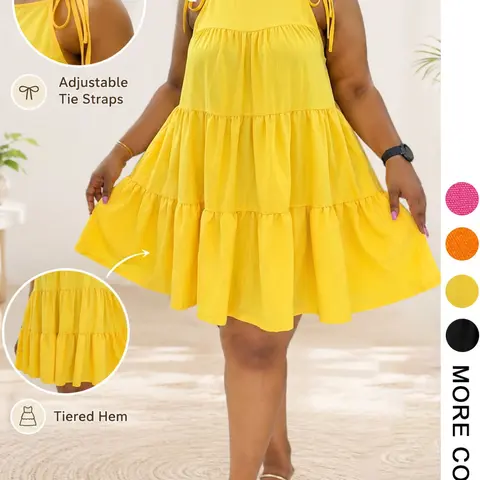 Plus Size Square Neck Tie-Strap Tiered Dress, Loose Babydoll Sundress for Curvy Girls, Summer Vacation Dress, Dress For Beach