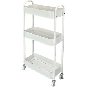 3-Tier Narrow Rolling Storage Cart, 7.1'' Slim Utility Cart with Wheels & Lockable Casters Standing Storage Shelf for Small Space, Suitable for Laundry Room Bathroom Kitchen Between Washer and Dryer, White
