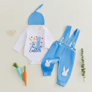 Global Baby Boy First Easter Outfit Bunny Long Sleeve Romper Suspender Pants and Knot Hat 3 Piece Spring Set