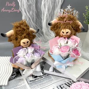 highland cow plush toy with artificial rose bouquet, 1 set cute plush toy, home decor ornament, gift for your love, stuffed animal, cute cow design, rose teddy bear, cuddly doll gift