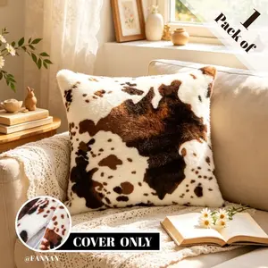 1pc Double Sided Cow Print Fluffy Throw Pillow Cover Cushion Cover Vintage Luxury Style Two-Sided Print Soft Durable Easy Care 18x18Inch Pillow Insert Not Included For Living Room Bedroom Office Home Decor