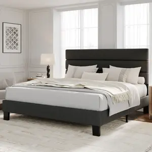 Platform Bed Frame with Adjustable Headboard – Upholstered in soft linen fabric, this heavy-duty mattress foundation features sturdy wooden slats for excellent support, eliminating the need for a box spring. The adjustable headboard lets you customize you
