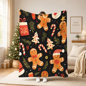 Gingerbread Man Christmas Flannel Blanket, Soft Cozy Throw Blanket for Sofa, Bed, Living Room, Home Office, Travel, Warm Nap Blanket and Holiday Gift
