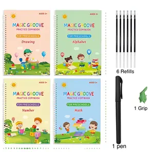 4 Reusable Grooved Handwriting Workbooks – Magic Writing Practice Books with 1 Pen, Handle & 6 Refills | School & Educational Supplies for Early Childhood Education