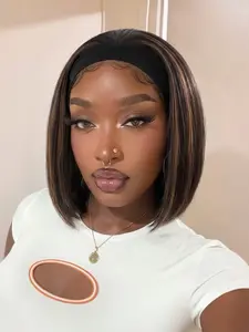 Short Headband Wigs Highlight Brown Wig For Women Straight Bob Wig 10/14 Inch Headband Wig Wear And Go Glueless Wig Synthetic Wig For Daily Party Use