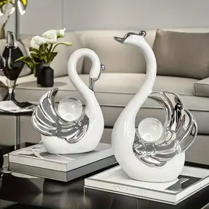 Luxury Ceramic Elegant Crystal Ball Swan Figurine - Home Decor for Living Room, Entryway, and TV Stand