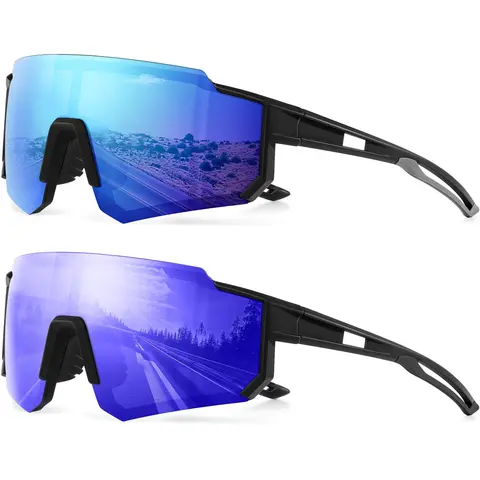 TURBOPEP Unisex Adults' 2 Pairs Professional Cycling Sports Eyewear - TR90 Plastic Frame, Windproof UV400 Protection, Lightweight Polarized Lenses, Anti-Slip Nose Pad, Aerodynamic Shape, Built for Cycling and Outdoor Rides (Black/Black+White/Icy Blue)