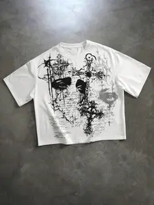 Men's Gothic Cross Print Short Wide Fit T-Shirt, Dark Punk Rock Subculture Y2K Streetwear Top, Casual Loose-Fitting Knit Tee