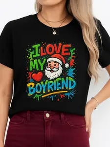 Christmas T-Shirt Black I Love My Boyfriend Santa Design Holiday Gift Personalized Crewneck Tee, Unisex, All Seasons, Comfortable Breathable, Fits All Sizes, Made in USA