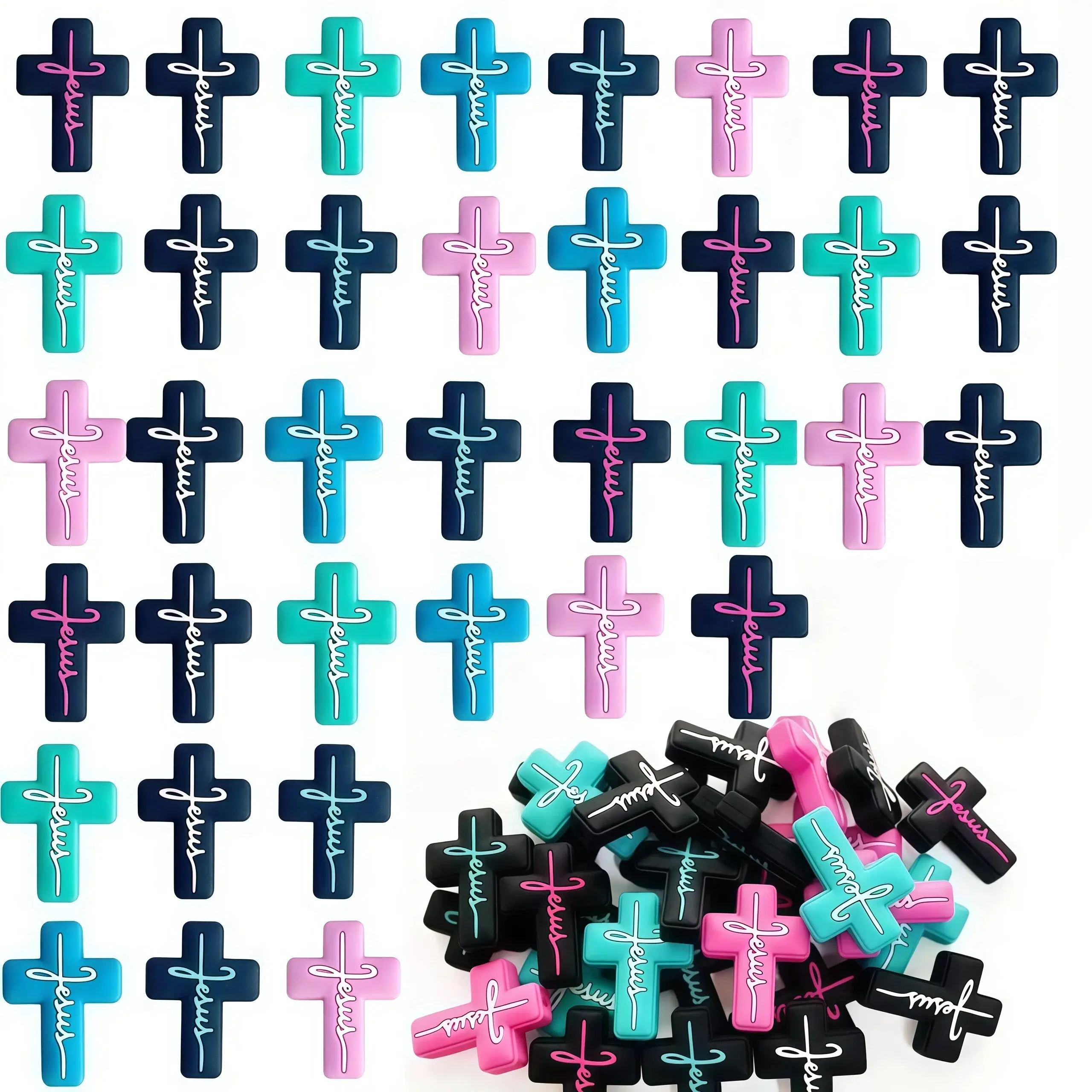 Christian Theme 30pcs Silicone Cross Focal DIY Craft Kit with Jesus Cross Beads, Pen Accessories & Jewelry Making Resources for Mother's Day Gifts Handicraft Acrylic
