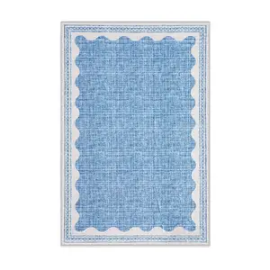 3 x 5 ft Polyester Blue Rectangular Low Pile Machine Washable Modern Throw Rug, Scalloped Edge, for Indoor Bedroom Living Room