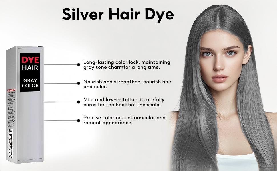 Silver Hair Dye, Natural Gray Hair Color Cream, Professional Hair Coloring Treatment, Instant Silver Gray, Unisex Silver Hair Color for for All Hair Types,Light Grey Silver, Long-Lasting