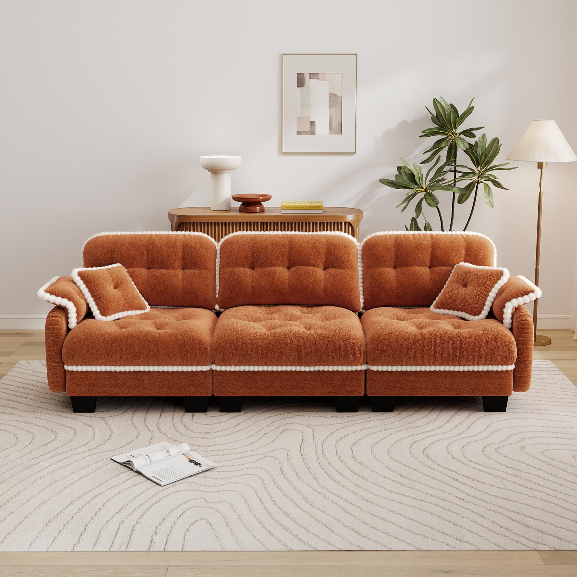Eyisean 100.7in Chenille Modern Modular Sectional Sofa Furniture - 3-Seater U-Shaped Comfy Couch with Fixed Arms, Armrest Pillow, Back Cushion, 2 Movable Ottomans, Pom-Pom Trim Quilted Tufted Deep Seat, Ergonomic for Living Room Decor, Small Spaces, Ottom