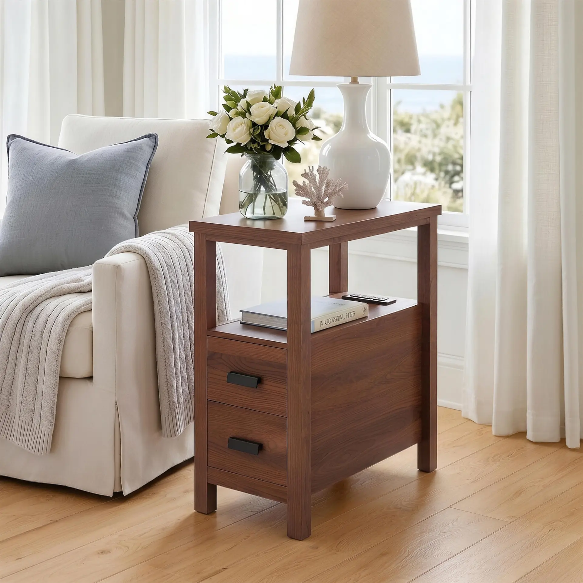 【SummerSale 】Narrow Nightstand with Charging Station, 24.4" H Slim Side Table with 2 Drawers, Bedside Table for Small Spaces, Modern End Table with Low Profile Legs (Walnut)