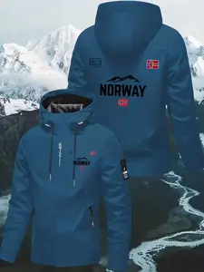 Men's Casual Jacket with Norwegian Flag Print, Hooded Windproof Motorcycle Riding Coat, Zipper Closure, Waterproof Fabric