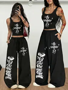 Gothic Street Style Thorn Cross Letter Print Women's Two-Piece Set, Short Sleeve Crop Top Vest + Elastic Waist Drawstring Casual Sporty Wide Leg Pants