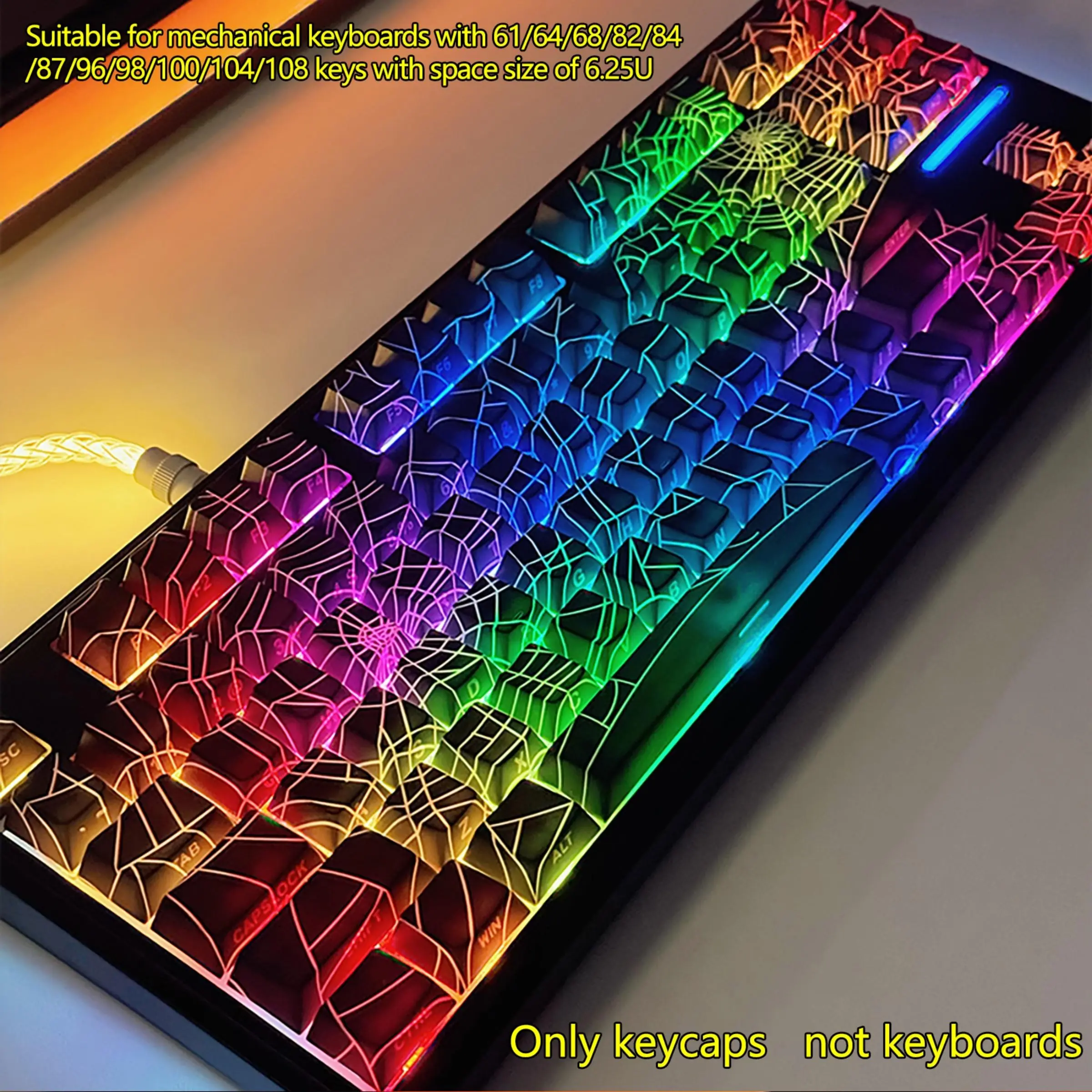 Spider Web Side Printed Keycaps, Mechanical Side Transparent Pbt Five-Sided Heat Transfer Customizable Keycaps, 130pcs Boxed, Keyboard Keycaps