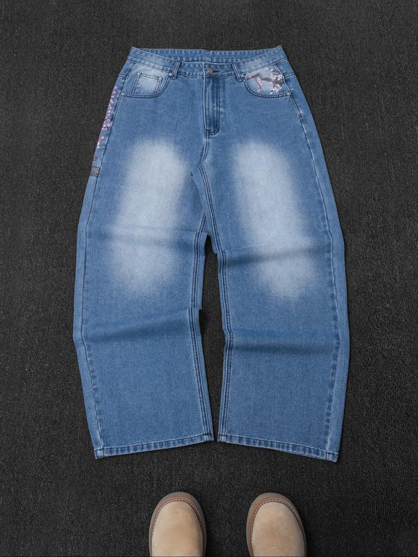 Men's New Washed Loose Denim Jeans, Barrel Jeans, Fashionable Embroidered Casual Style, Versatile All-Season Wear, Comfortable & Stylish Design