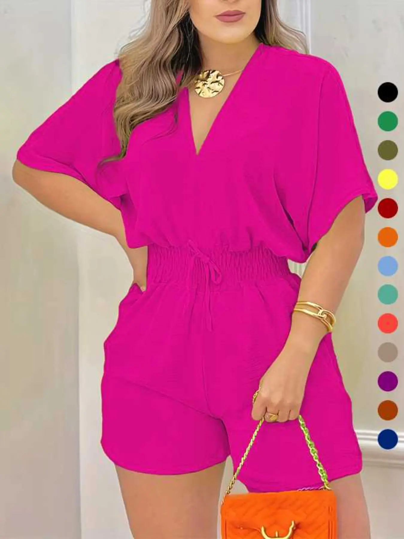 Women's Plain Drawstring Shirred Waist Fitted V Neck Romper, Casual Half Sleeve Zipper Back High Waist Romper for Summer, Fashion Women's Clothing for Daily Wear Womenswear