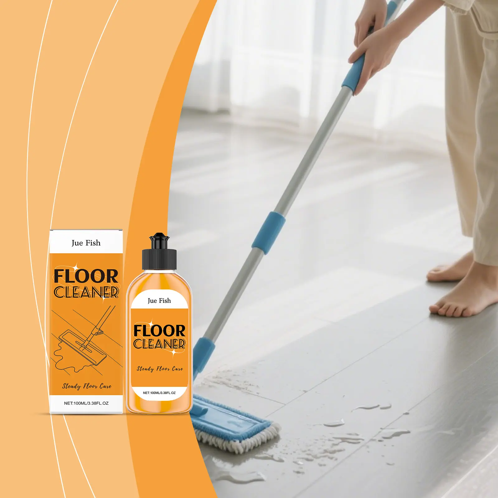 Floor cleaner, gently removes dirt, polishes floors, leaves a fresh fragrance, suitable for wooden floors and tiles