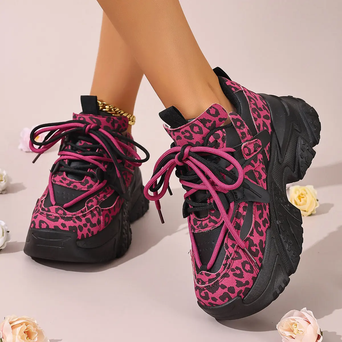 AOPLUS Womens Chunky Platform Sneakers Pink Leopard Dad Shoes. Hot Pink Animal Print Y2K Streetwear. Wide Toe Box Standing All Day Comfort Foot Pain Relief. Anti Slip Thick Sole Ladies Casual Walking Footwear.