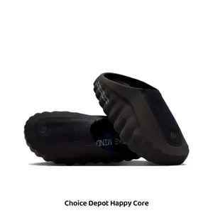 Solid Black Matte EVA Foam Slip On Slide Sandals Wavy Ridged Thick Outsole Soft Breathable Insole Non Slip Unisex Indoor Outdoor Casual Slippers