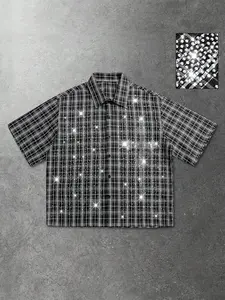 Y2K Grunge Rhinestone Plaid Shirt Men Women Oversized Sparkly Cross Graphic Short Sleeve Button Up Blouse Streetwear Concert Outfits