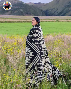 Black Raven Alpaca Blanket - Traditional Design with Black and White Patterns, 80% Alpaca & 20% Acrylic, Handmade in Ecuador, Queen Size 74x94 Inches, Warm and Luxurious for Winter and Fall
