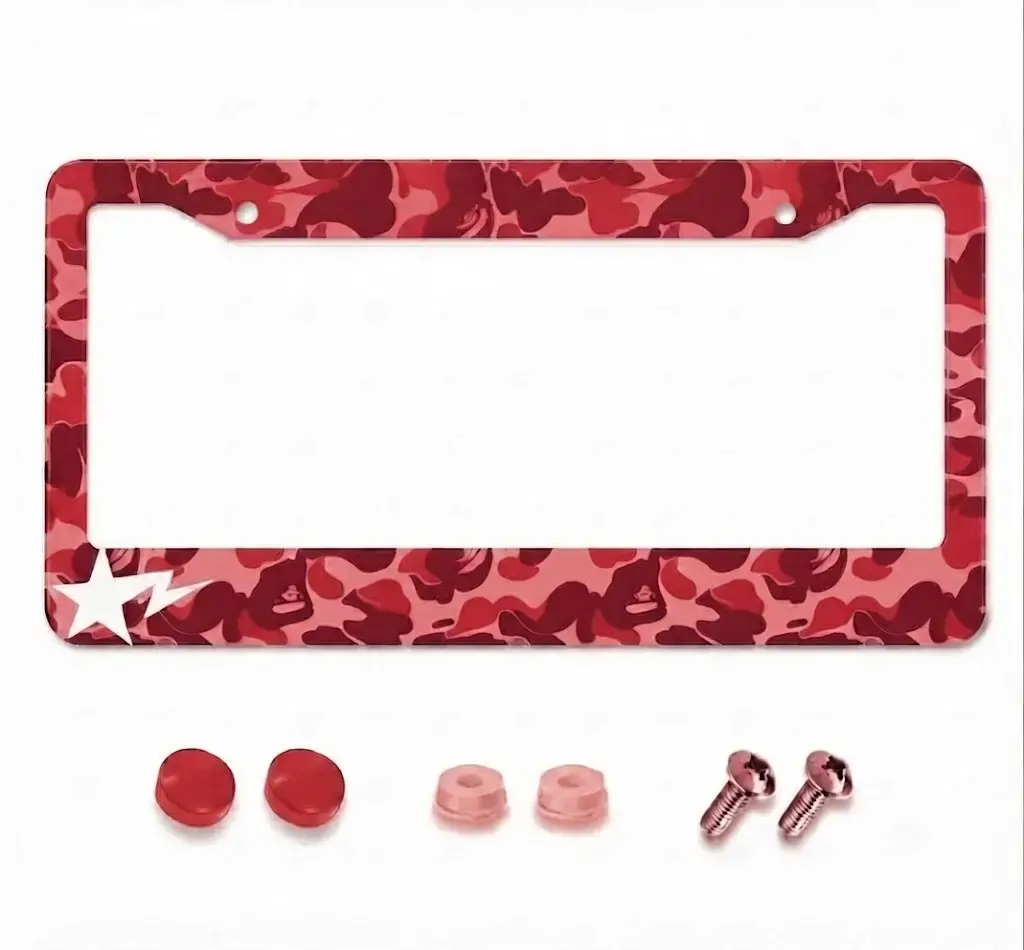 Red Camo License Plate Frame | Hypebeast Car Accessory | Streetwear Aesthetic Auto Decor | Durable Metal Plate Holder