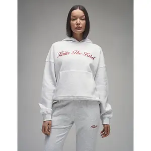 Kaiia Script Logo Oversized Hoodie Light Grey Marl & Red
