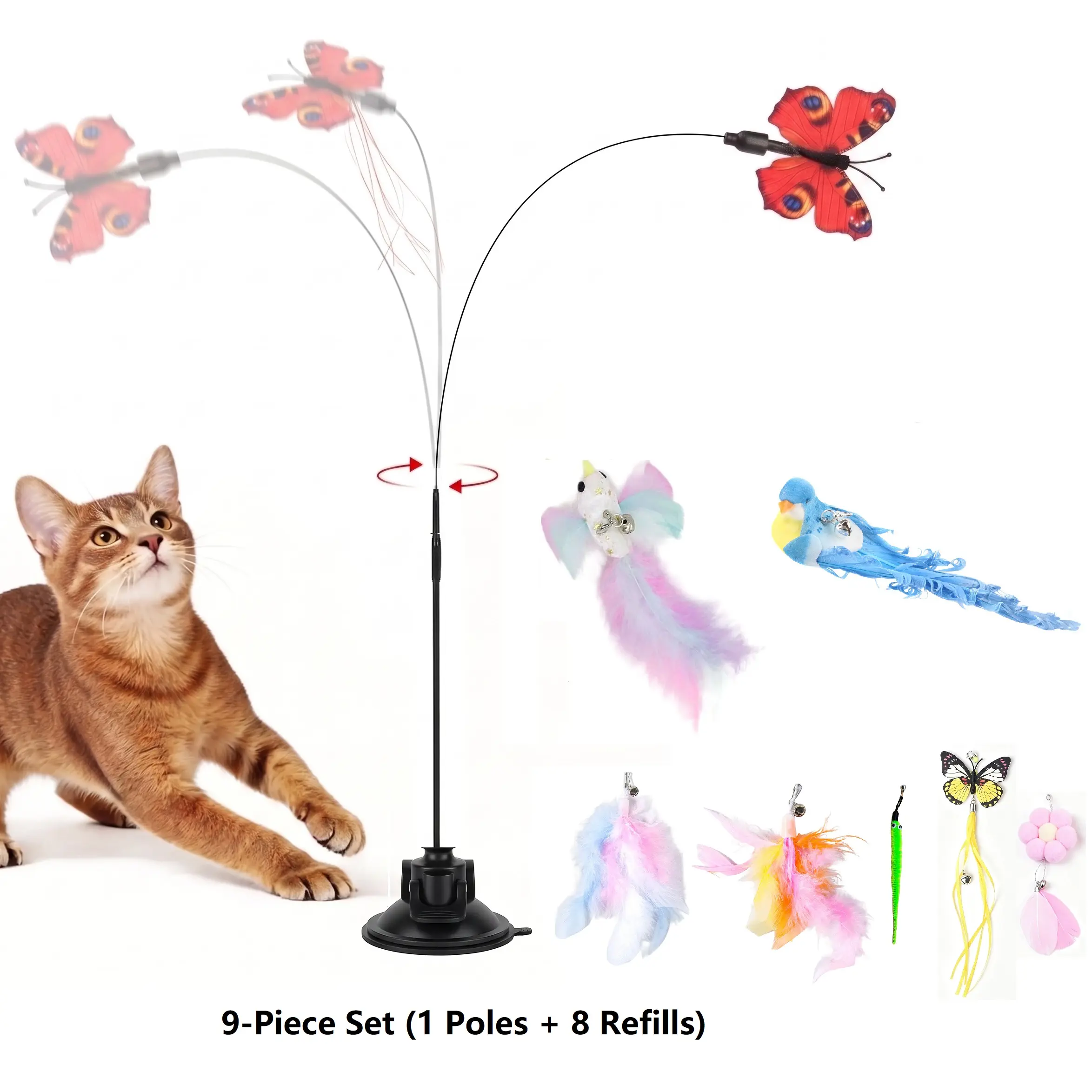 Spinning Butterfly Cat Toy Wand –Simulated Bird Cat Wand  Interactive Cat Teaser with Suction Cup, Self-Play & Handheld Modes, Durable Automatic Play for Indoor Kittens and Cats # cat things# toys for my kitty