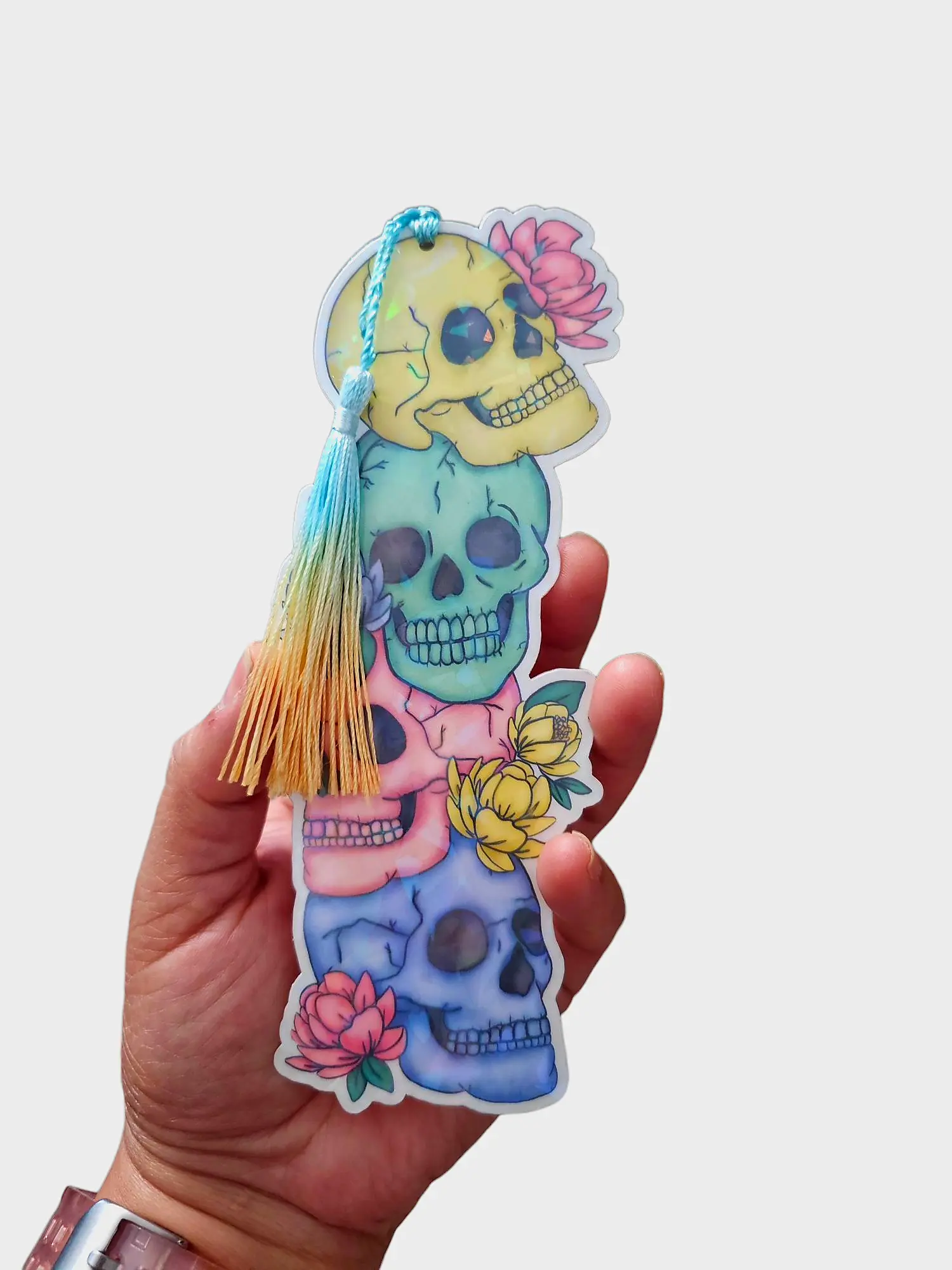 Oversized Holographic Laminated Bookmarks with Tassel Accent Included, 3-7 In Skull & Floral Designs, Collectibles, Book-Inspired Bookmarks, Book Lover Gifts, Office Stationery Supplies, Reading Self-Care Bundles