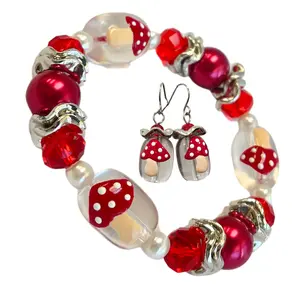 Mushroom Bracelet, Red Clear Fungi Shroom Bracelet Earring Jewelry Set for Women, Birthday Christmas Gift for Her, 1 set