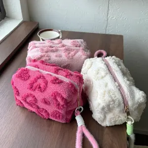1pc Plush Makeup Bags With Handle Soft Travel Cosmetic Storage Bag Portable Love Print Organizer Pencil Case Cute Clutch Pouch