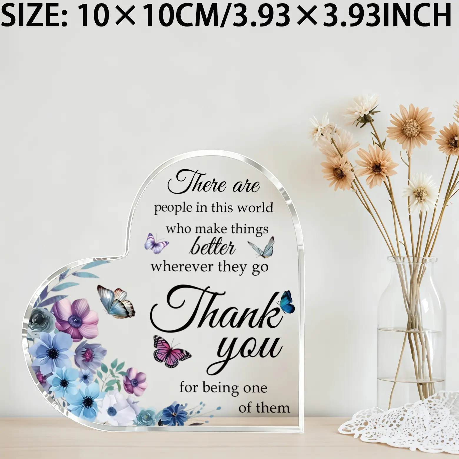 Heart Shaped Acrylic Thank You Desk Plaque with Floral Butterfly Print, Appreciation Gift for Coworker Teacher Nurse Friend Mentor, Thanksgiving Christmas Birthday Retirement Office Desk Decor Keepsake Sign