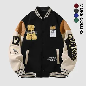Men’s baseball jacket/coat with letter embroidery, available in multiple colors. American street style suitable for spring, autumn, and winter. Buttoned front featuring multiple pattern designs.