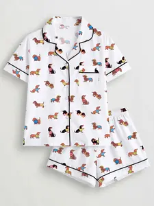 Women's 2-Piece Pajama Set, Cute Cartoon Dog Print, Comfortable Short Sleeve Top and Elastic Shorts, Casual Home Wear, Loungewear, All Seasons